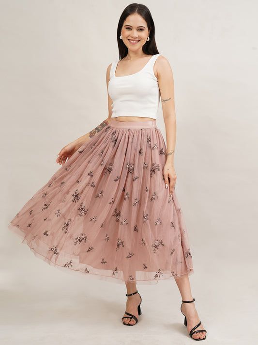 Rosé Petal Embroidered Tulle Skirt