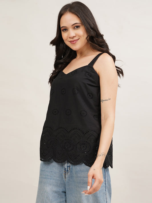 Black Schiffli Sweetheart Top