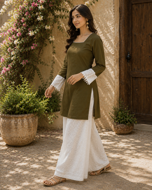 Olive Affair Kurti with Schiffli Farsi Palazzo