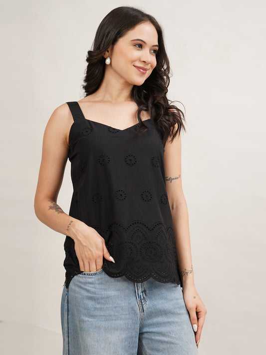 Black Schiffli Sweetheart Top