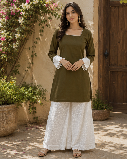 Olive Affair Kurti with Schiffli Farsi Palazzo